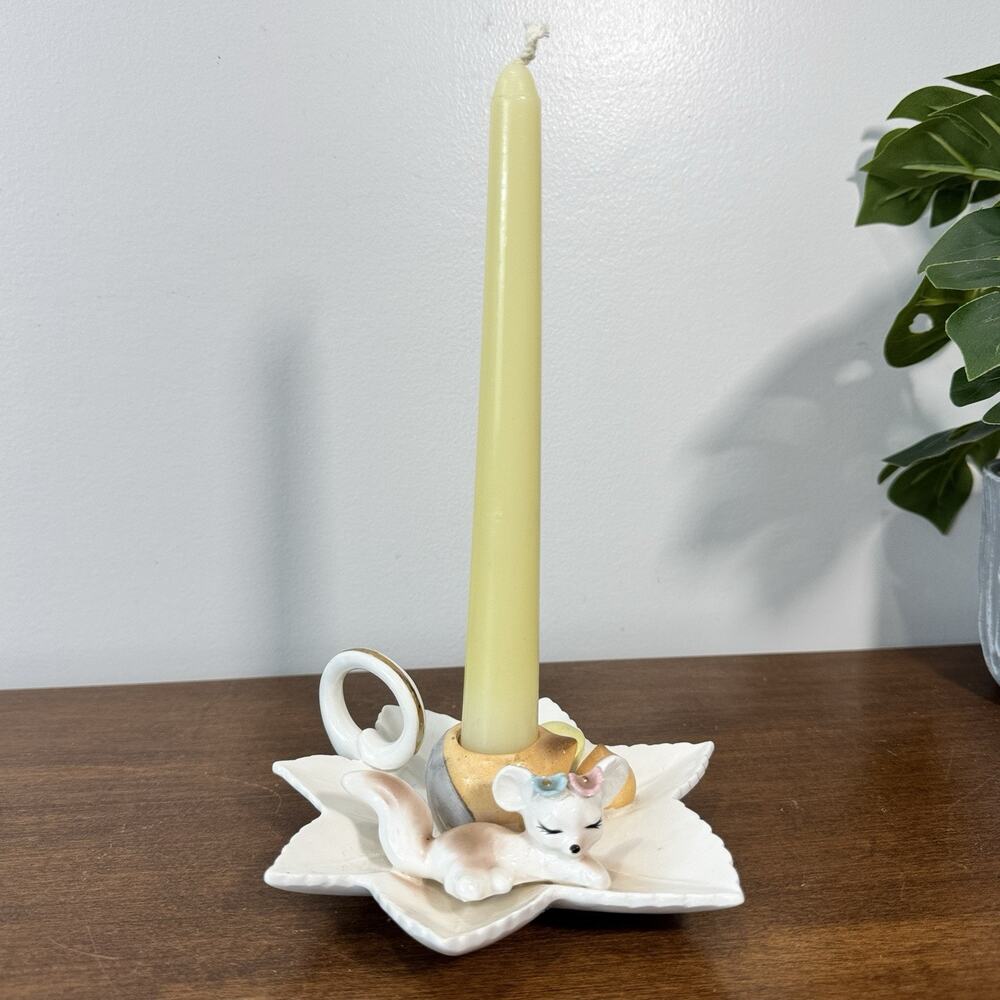 Vintage Kitsch Candle Holder Taper Candlestick Squirrel Fox Nuts Chamberstick